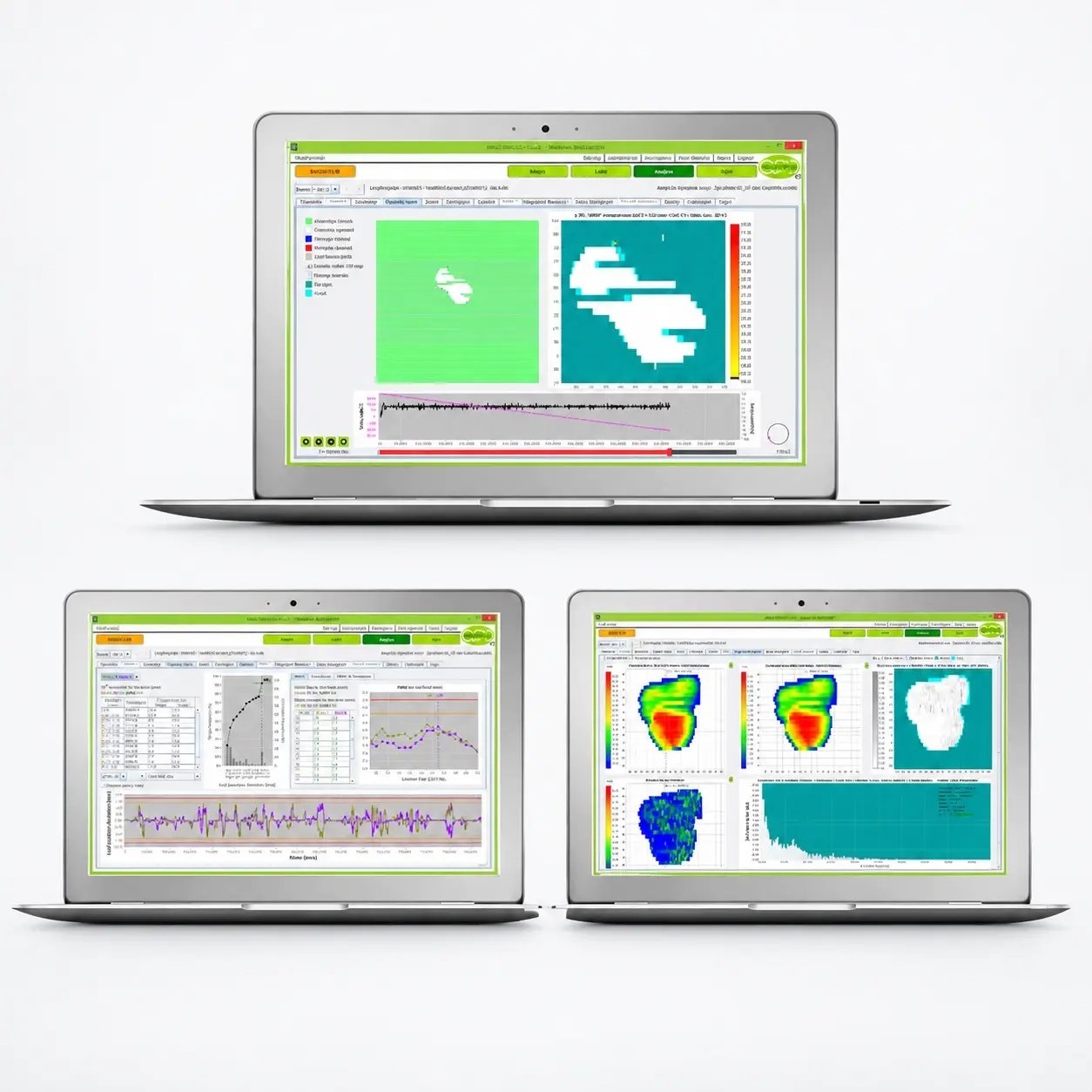 Triangolo di laptop con analisi scientifiche copia